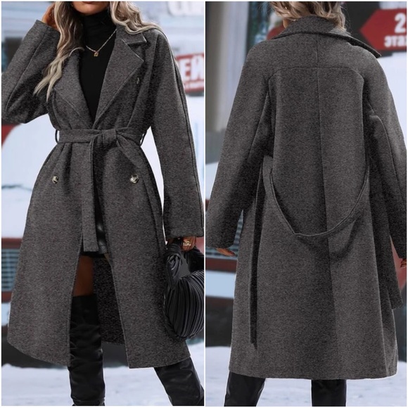 Classic Double Breast Buttons Pockets Trench Coat Jacket - Picture 6 of 8